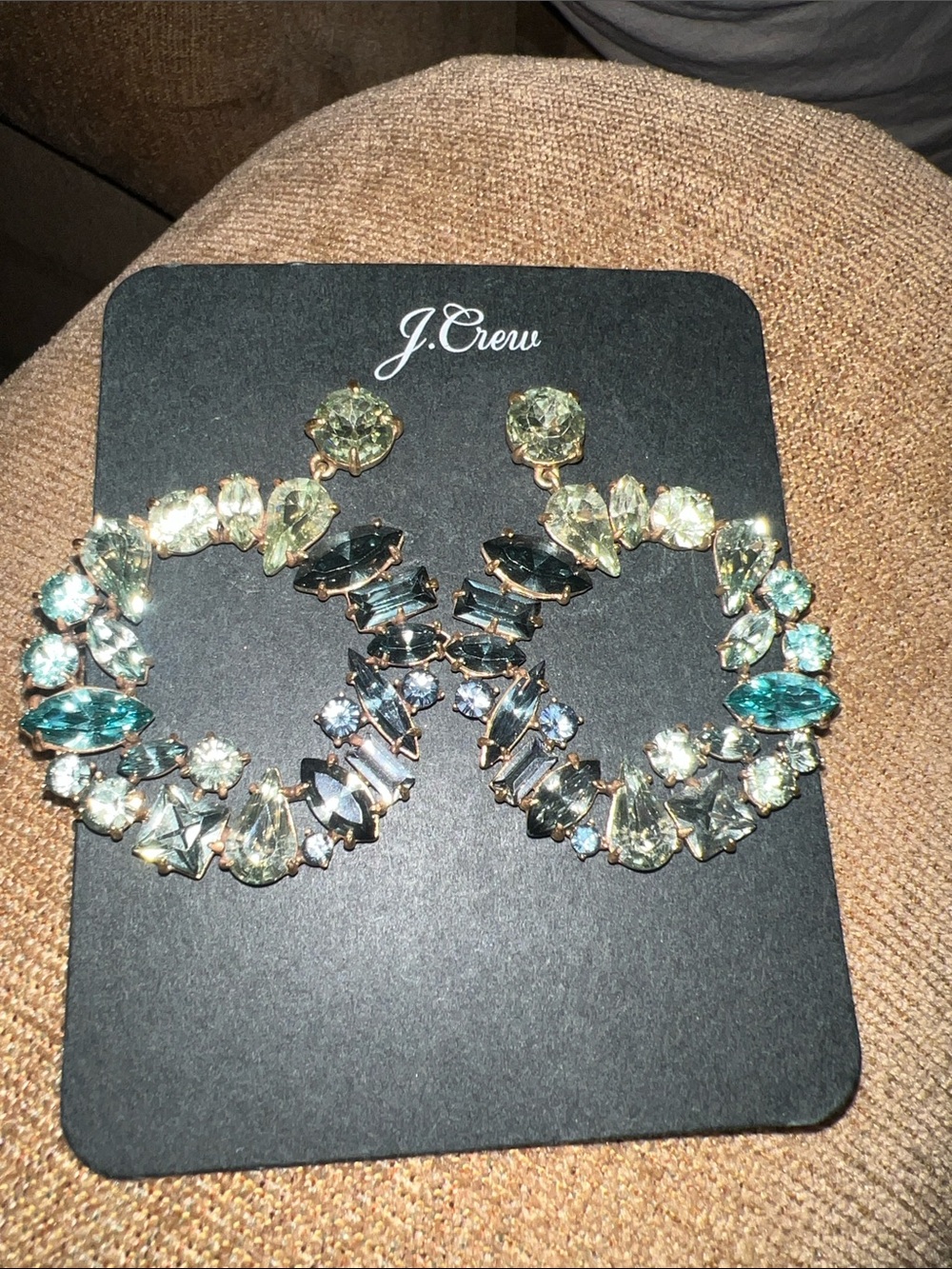 J. Crew Teal and Light Green Crystal Hoop Earrings